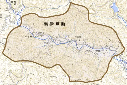 市之瀬とその周辺の地図。町の範囲を重ねている
