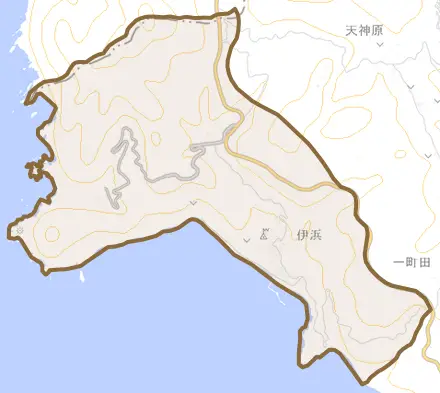 伊浜とその周辺の地図。町の範囲を重ねている