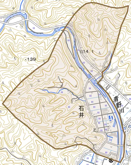 石井とその周辺の地図。町の範囲を重ねている