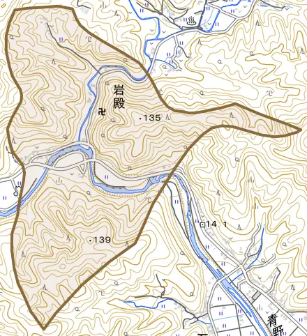 岩殿とその周辺の地図。町の範囲を重ねている