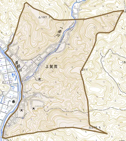 上賀茂とその周辺の地図。町の範囲を重ねている