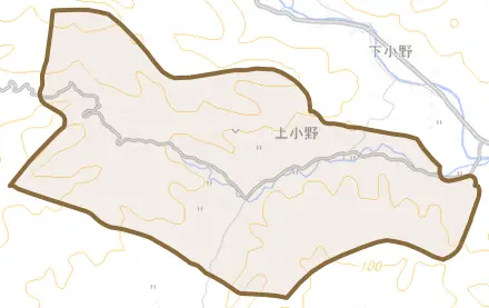 上小野とその周辺の地図。町の範囲を重ねている