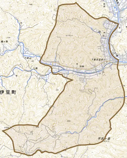 加納とその周辺の地図。町の範囲を重ねている