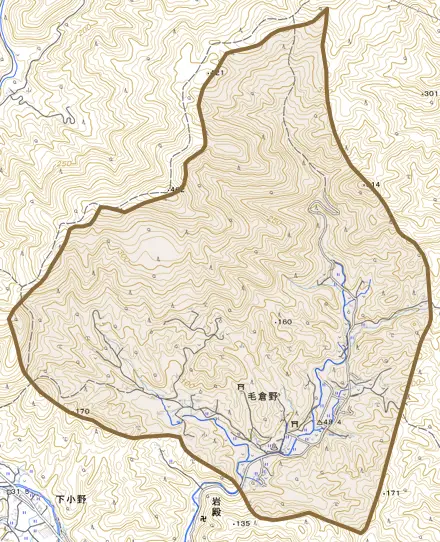 毛倉野とその周辺の地図。町の範囲を重ねている