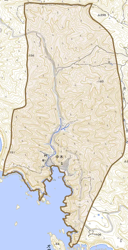中木とその周辺の地図。町の範囲を重ねている