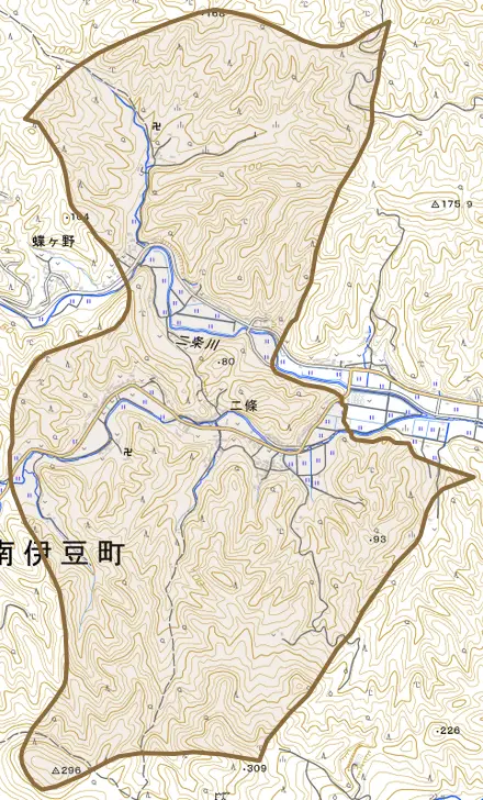 二條とその周辺の地図。町の範囲を重ねている