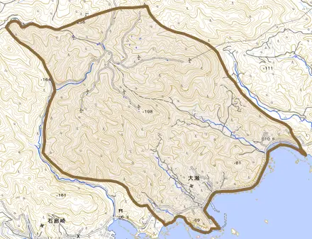 大瀬とその周辺の地図。町の範囲を重ねている