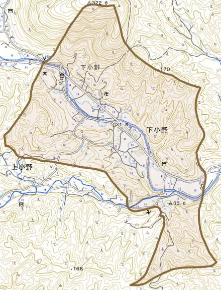 下小野とその周辺の地図。町の範囲を重ねている