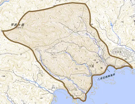 下流とその周辺の地図。町の範囲を重ねている