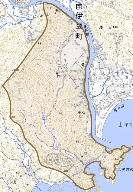 手石とその周辺の地図。町の範囲を重ねている