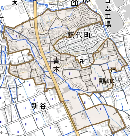 青木とその周辺の地図。町の範囲を重ねている