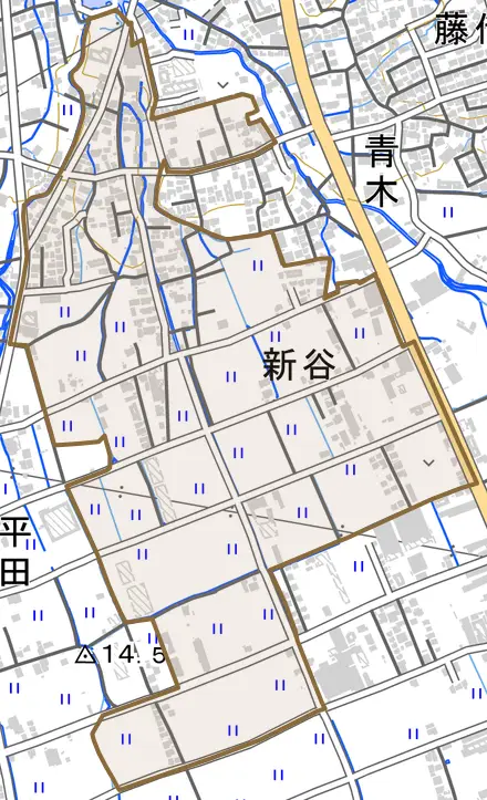 新谷とその周辺の地図。町の範囲を重ねている