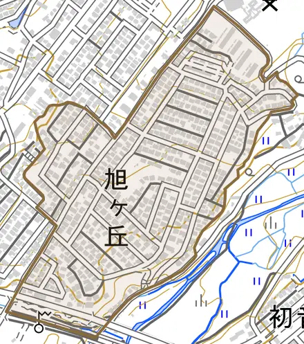 旭ヶ丘とその周辺の地図。町の範囲を重ねている