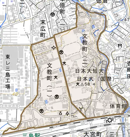 文教町とその周辺の地図。町の範囲を重ねている