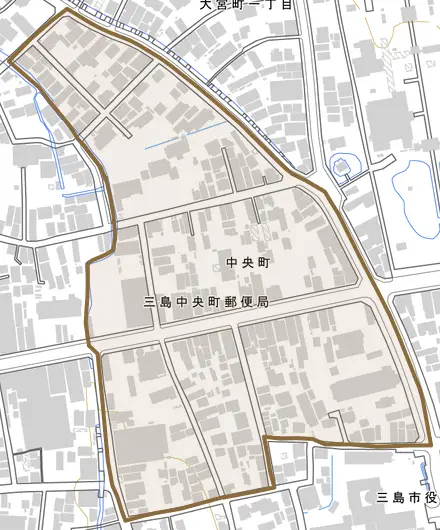 中央町とその周辺の地図。町の範囲を重ねている
