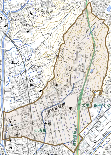 大場とその周辺の地図。町の範囲を重ねている