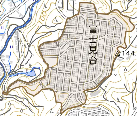 富士見台とその周辺の地図。町の範囲を重ねている