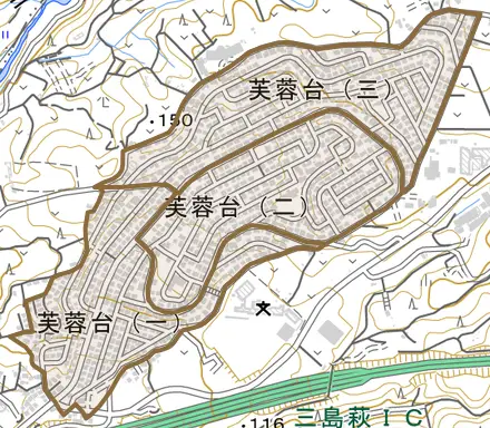 芙蓉台とその周辺の地図。町の範囲を重ねている