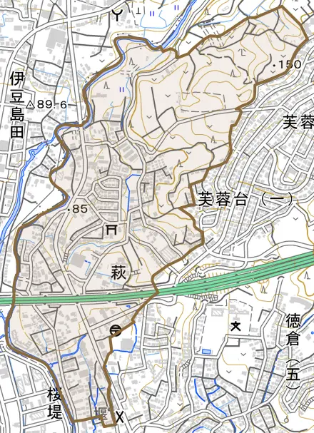 萩とその周辺の地図。町の範囲を重ねている