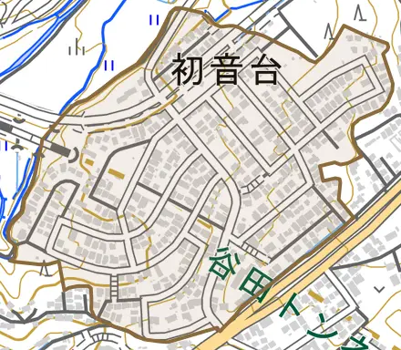 初音台とその周辺の地図。町の範囲を重ねている