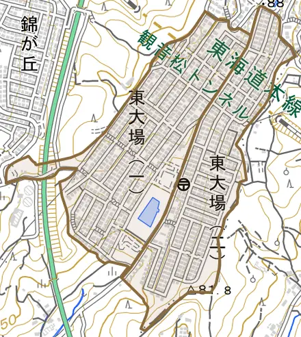 東大場とその周辺の地図。町の範囲を重ねている