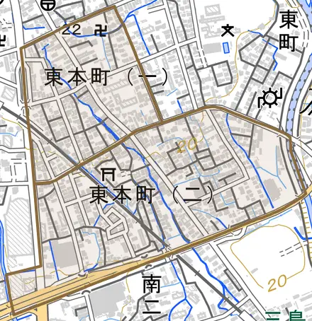 東本町とその周辺の地図。町の範囲を重ねている