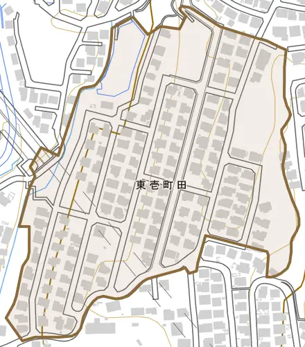 東壱町田とその周辺の地図。町の範囲を重ねている