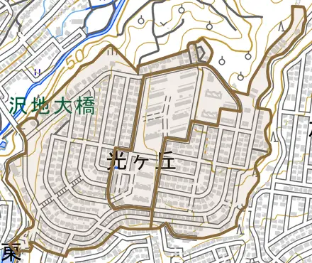 光ケ丘とその周辺の地図。町の範囲を重ねている