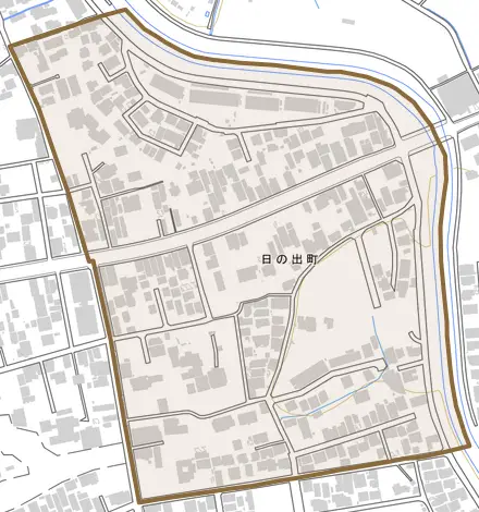 日の出町とその周辺の地図。町の範囲を重ねている