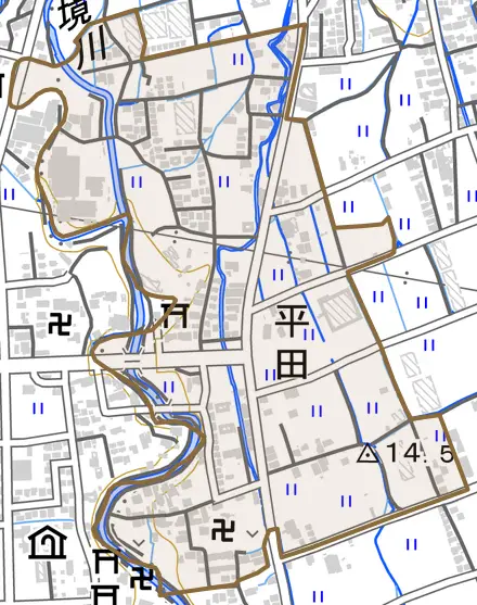 平田とその周辺の地図。町の範囲を重ねている