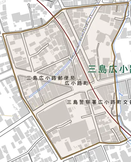 広小路町とその周辺の地図。町の範囲を重ねている