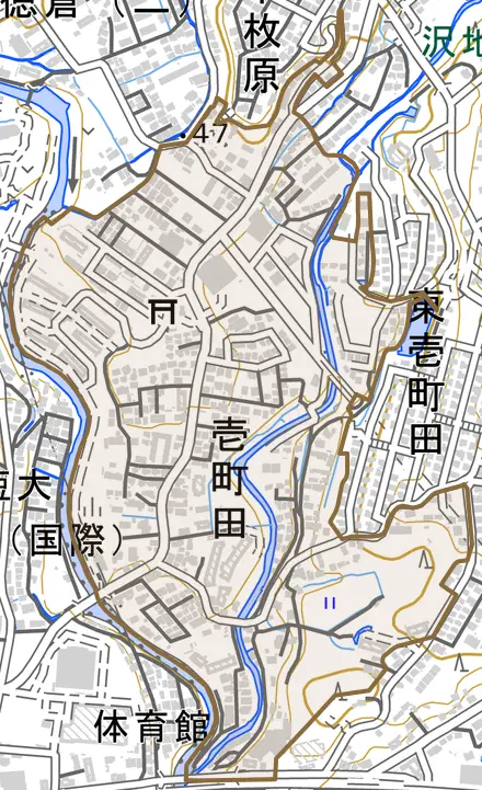 壱町田とその周辺の地図。町の範囲を重ねている