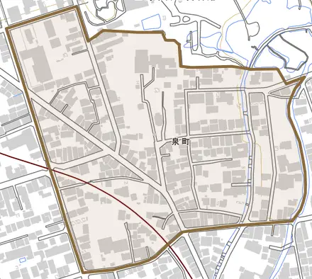 泉町とその周辺の地図。町の範囲を重ねている