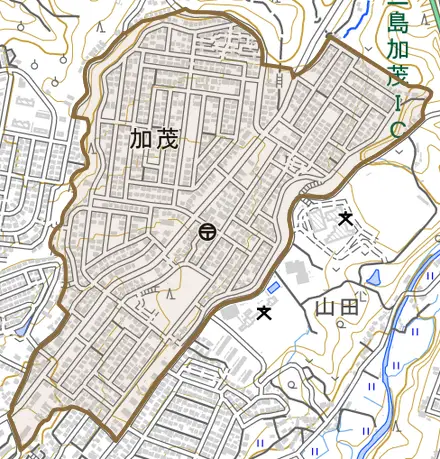 加茂とその周辺の地図。町の範囲を重ねている