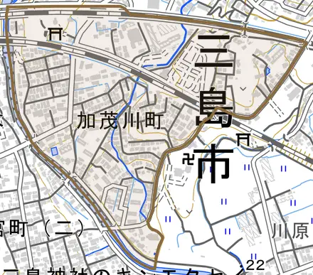 加茂川町とその周辺の地図。町の範囲を重ねている