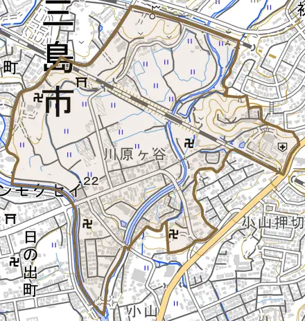 川原ケ谷とその周辺の地図。町の範囲を重ねている