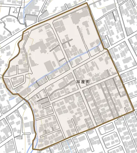 加屋町とその周辺の地図。町の範囲を重ねている
