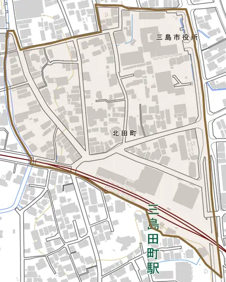 北田町とその周辺の地図。町の範囲を重ねている
