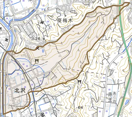 北沢とその周辺の地図。町の範囲を重ねている