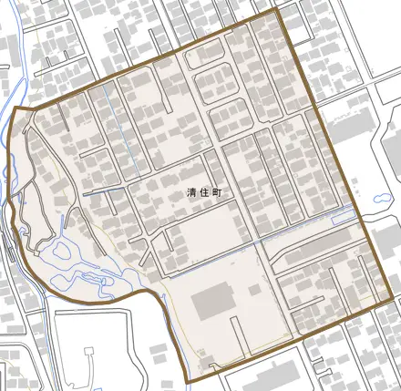 清住町とその周辺の地図。町の範囲を重ねている