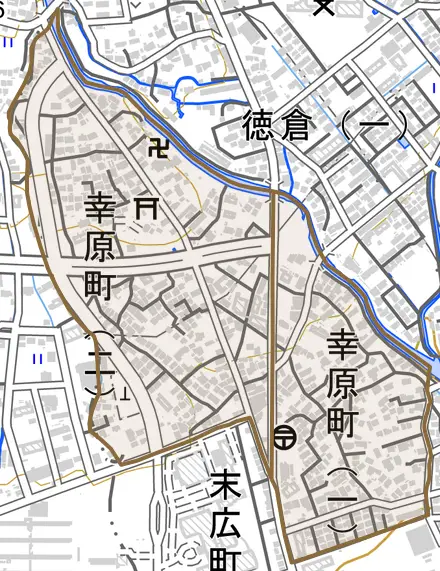 幸原町とその周辺の地図。町の範囲を重ねている