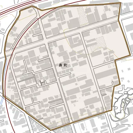 寿町とその周辺の地図。町の範囲を重ねている