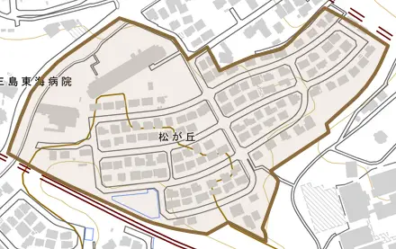 松が丘とその周辺の地図。町の範囲を重ねている