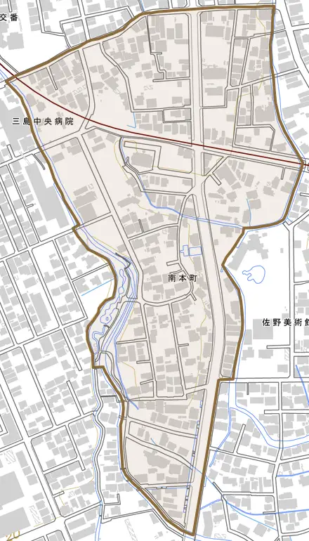 南本町とその周辺の地図。町の範囲を重ねている