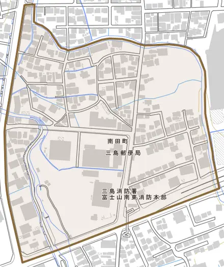 南田町とその周辺の地図。町の範囲を重ねている