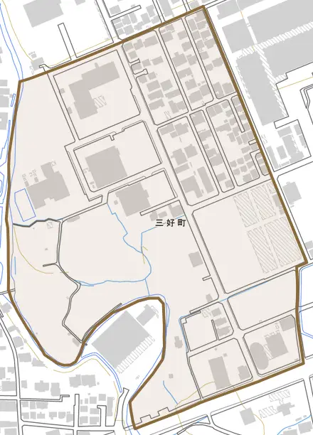 三好町とその周辺の地図。町の範囲を重ねている