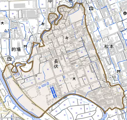 長伏とその周辺の地図。町の範囲を重ねている