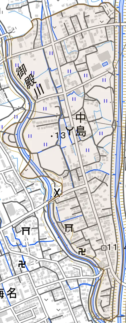 中島とその周辺の地図。町の範囲を重ねている