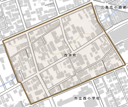 西本町とその周辺の地図。町の範囲を重ねている