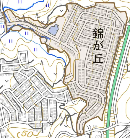 錦が丘とその周辺の地図。町の範囲を重ねている